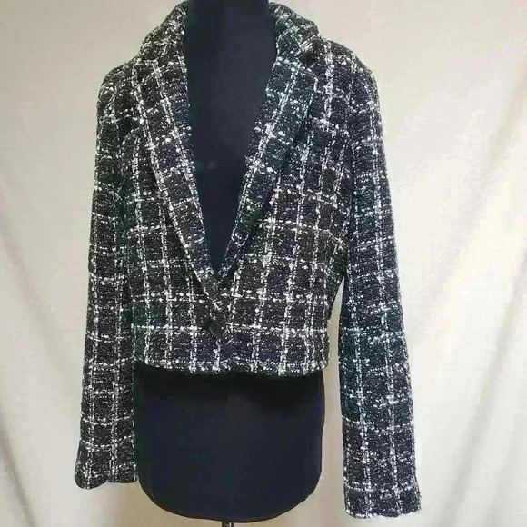 NWT Abercrombie & Fitch Medium Crop Tweed Boucle Lined‎ Jacket Black White Tan - Picture 1 of 15